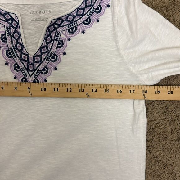 Talbots White Cotton Purple Embroidered Neckline 3/4 Sleeves sz Small Boho Chic - Picture 7 of 9